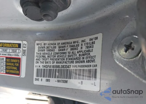 2008 Honda Civic Lx z USA, uszkodzony, nr VIN 1HGFA16598L083343